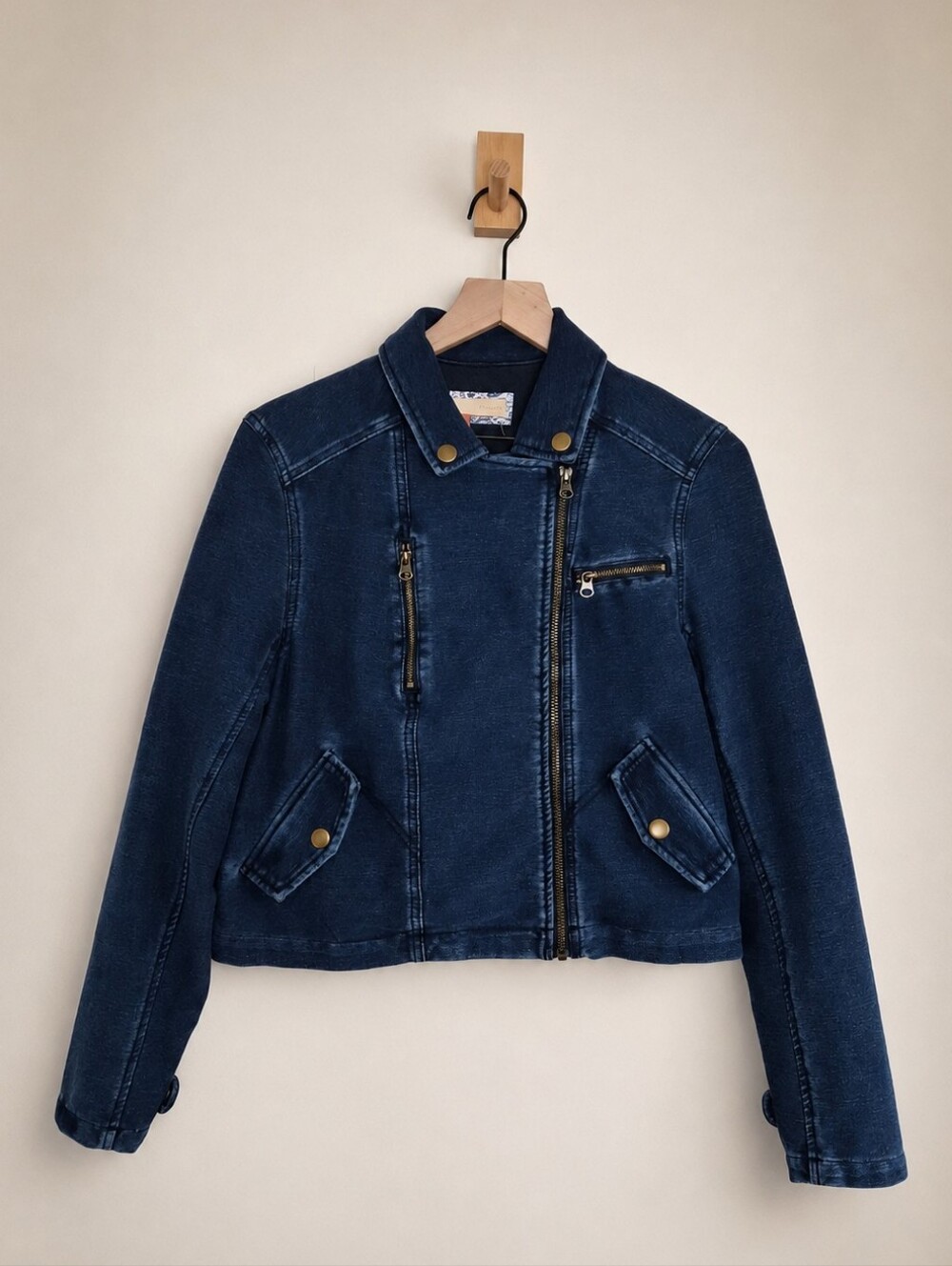 Pilcro Anthropologie Knit Denim Moto Jacket Blue Asymmetrical Zip Stretch Size S